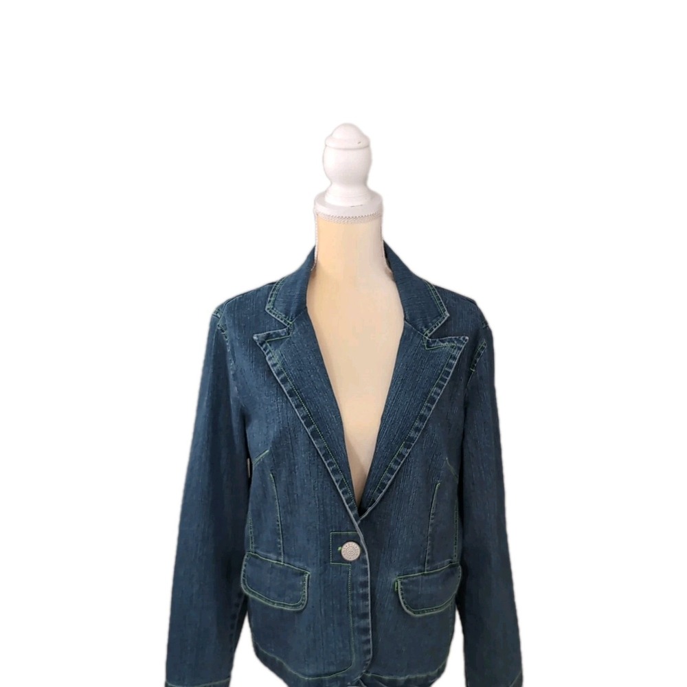 Bill Blass Women's Vintage Denim Jacket With Green Thread Accent Size M